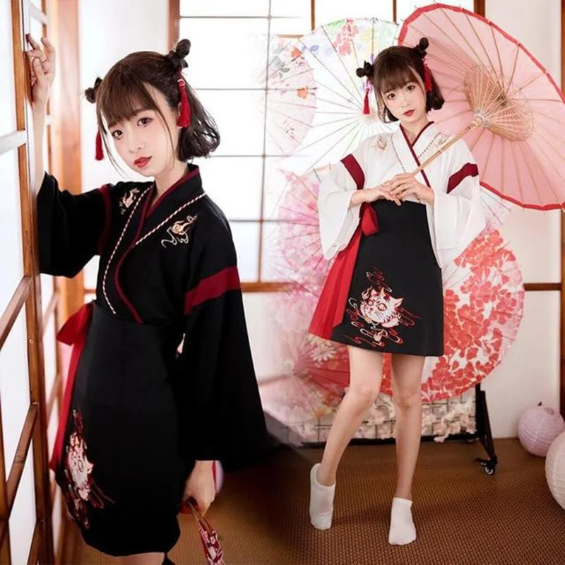 Demon Slayer Haori - Vestido japonês quimono mulher preto branco